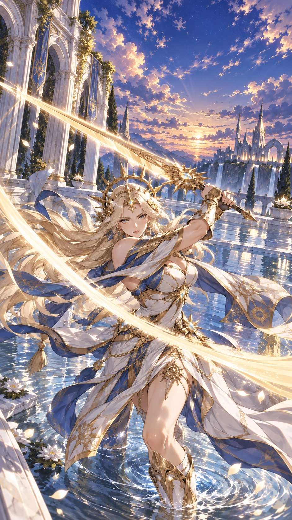 Crown of Worlds artwork: a golden-haired warrior in a sunlit fantasy palace